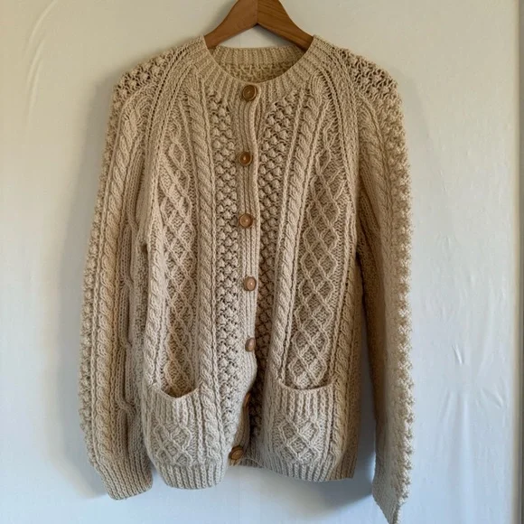 Ireland Cream Hand Knit Wool Cardigan Size M - Picture 2 of 8